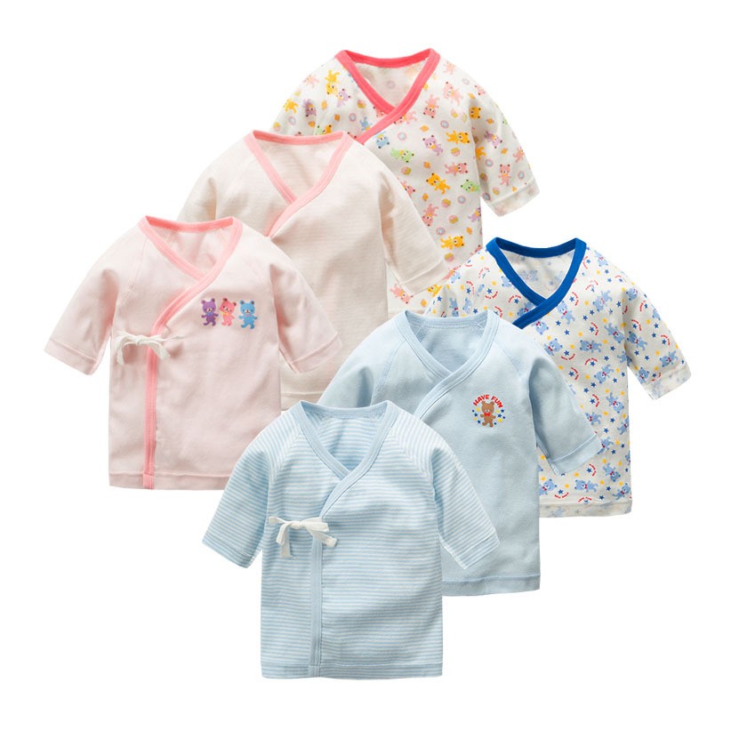 一包3件装新生儿纯棉柔软螺纹偏衫婴儿和尚服长袖短肌装宝宝内衣