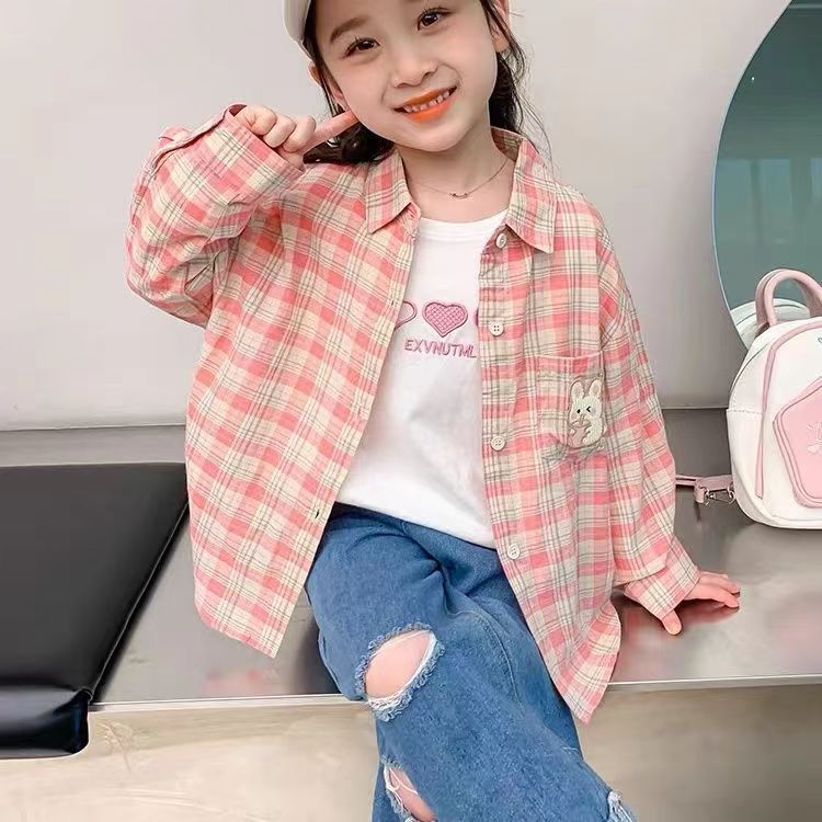 巴拉巴柆韩系女童春秋衬衫洋气2024格子新款长袖外套儿童休闲上衣