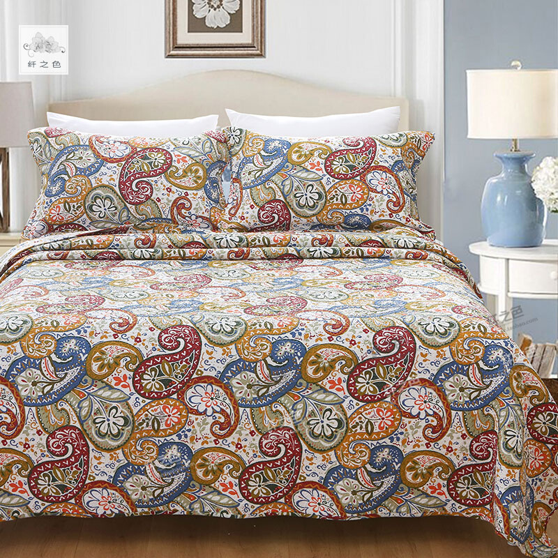 美式纯棉床盖三件套夏季薄盖被床单水洗棉缝衍被双人绗缝被纤之色
