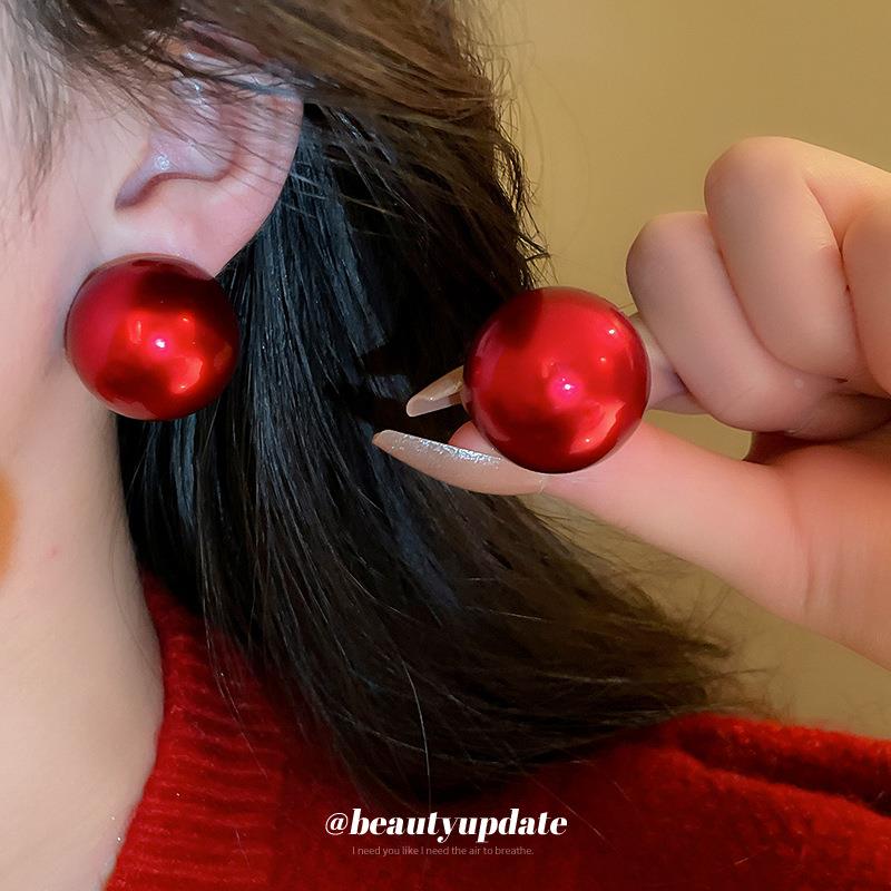 银针超大夸张圆形仿贝珍珠耳环新年红色百搭气质耳钉个性简约耳饰