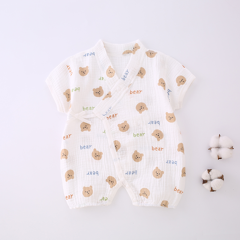 纯棉纱布哈衣夏季婴儿连体衣薄款系带宝宝和尚服短袖家居爬服熊猫