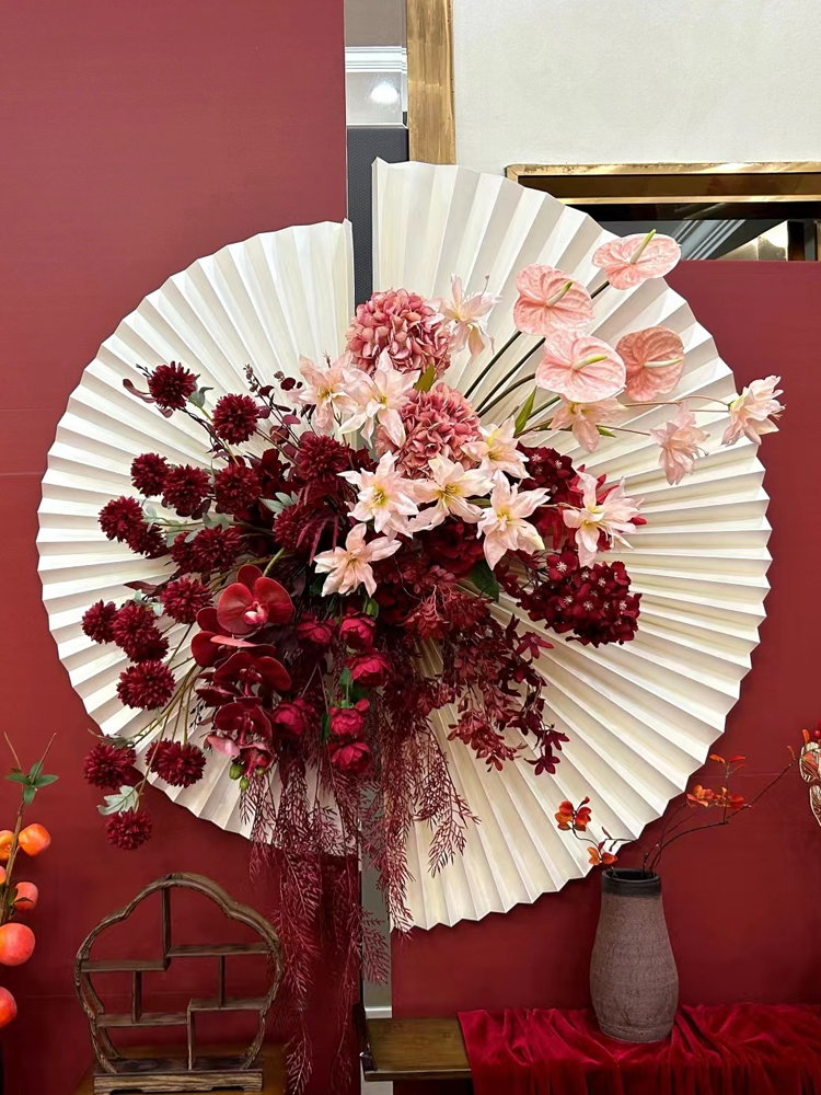 婚庆超大纸扇折叠纸扇新中式订婚礼背景墙布置装饰红色折纸扇花艺