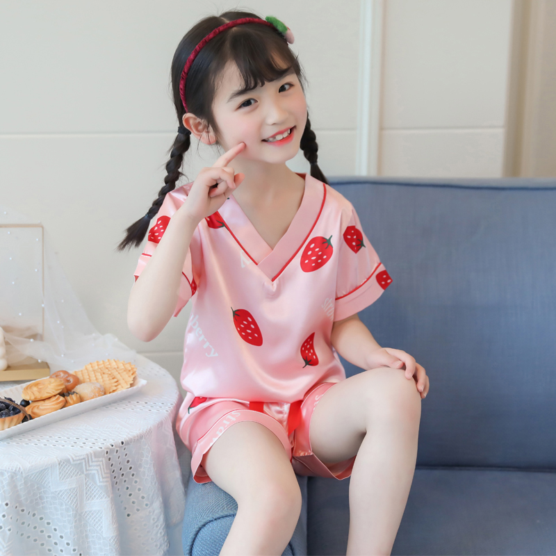 儿童睡衣女冰丝夏季薄款短袖女童夏装草莓小女孩中大童空调家居服