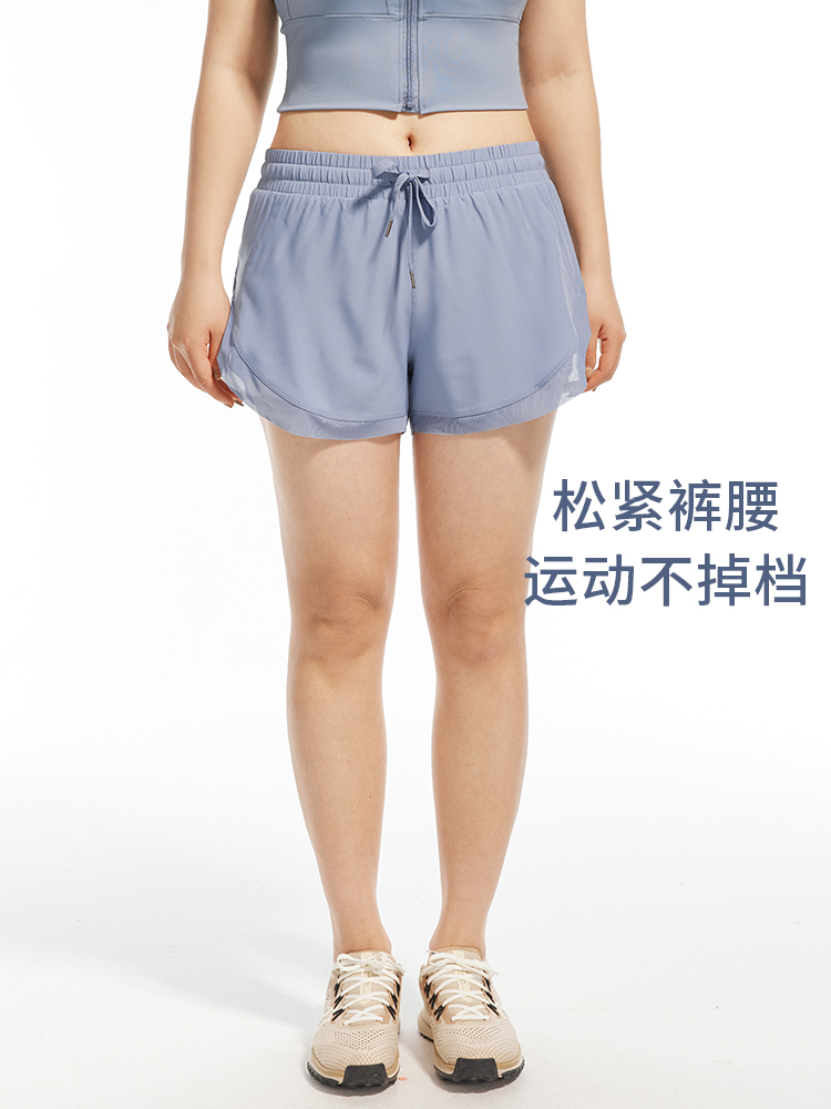大码时尚假两件运动短裤女网纱透气瑜伽裤三分裤跑步训练健身裤