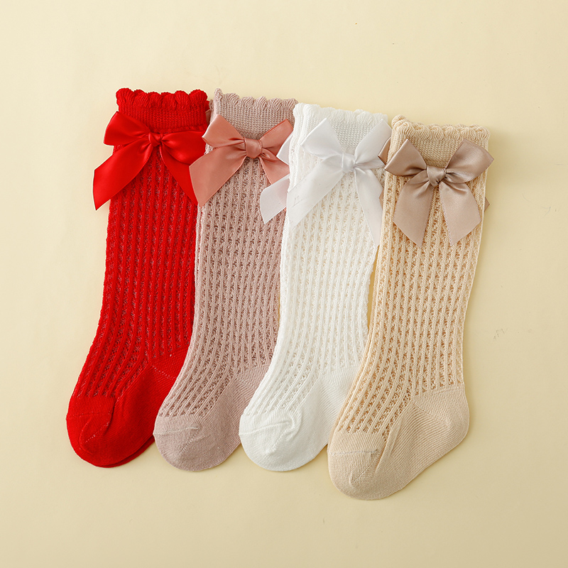 新生婴儿袜子夏季薄款棉袜宝宝女童中长筒蝴蝶结松口袜0-3个月1岁