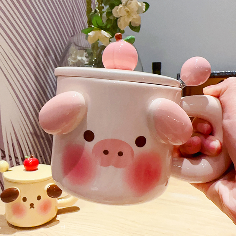 小猪小狗陶瓷杯子可爱少女心马克杯带盖勺创意礼物情侣水杯咖啡杯