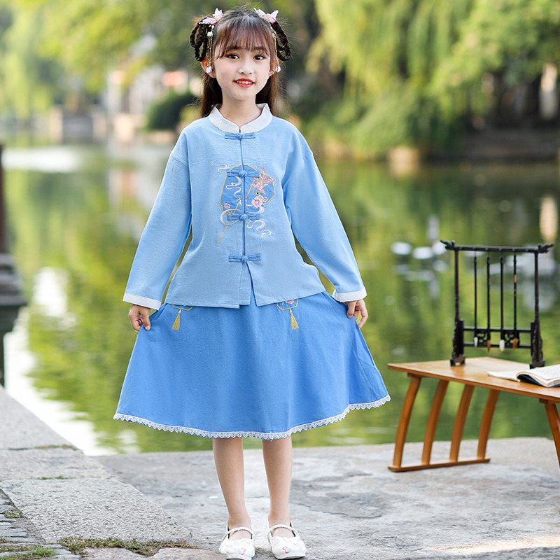 儿童表演服演出服长袖如意扇春夏款中国风唐装汉服两件套女童套装