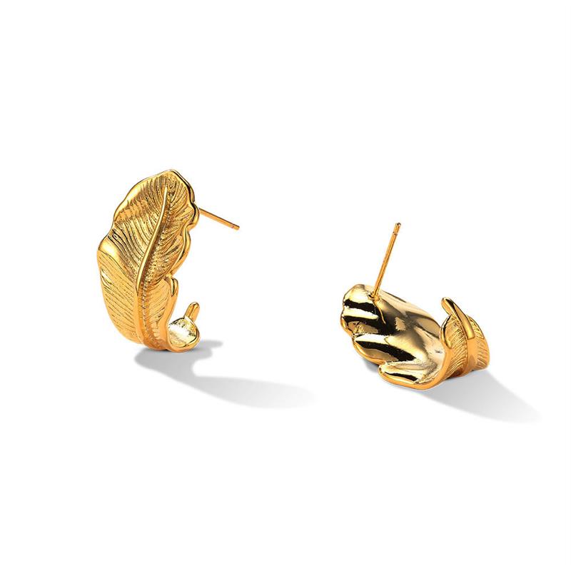 925银针设计感金色小树叶耳环复古金色意大利叶子不规则肌理感耳