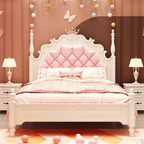 公主床女孩儿童床卧室现代简约风女童实木床米粉色梦幻单人床。