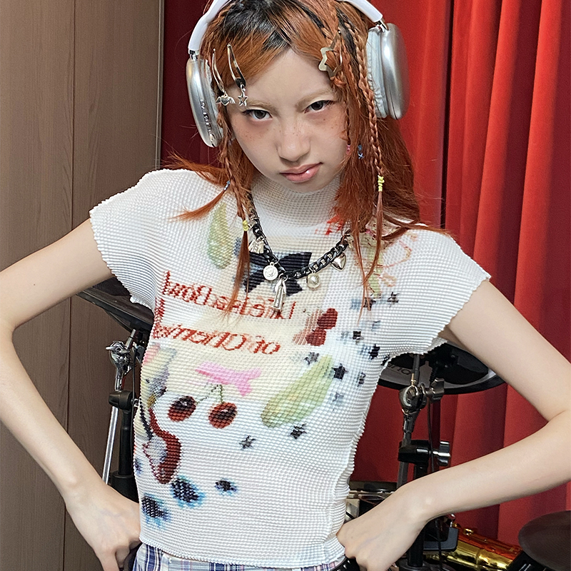 MOF礼物商店 夏日少女乐队原创猫猫/星星印花褶皱衫短上衣短袖T恤