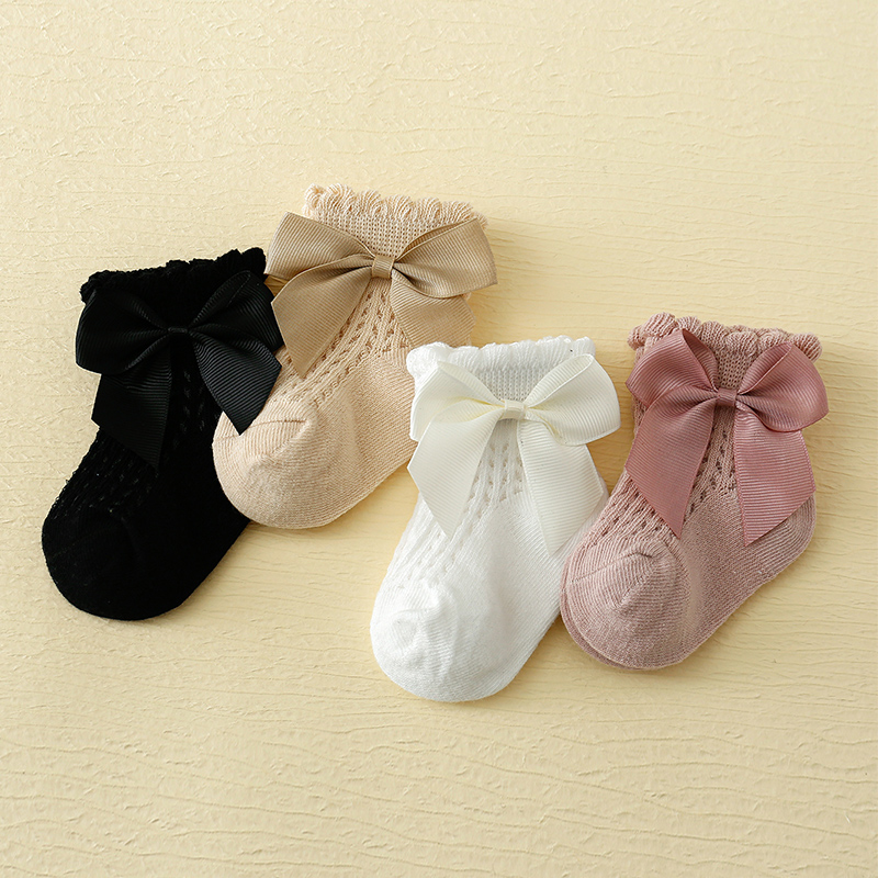 儿童袜子夏季薄款女宝宝纯色蝴蝶结网眼袜0—6月新生儿短袜婴儿袜