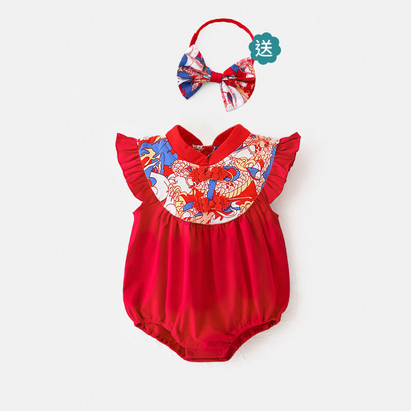 婴儿一周岁冠衣女宝宝衣服红色连体包屁衣中国风礼服抓周百天宴服