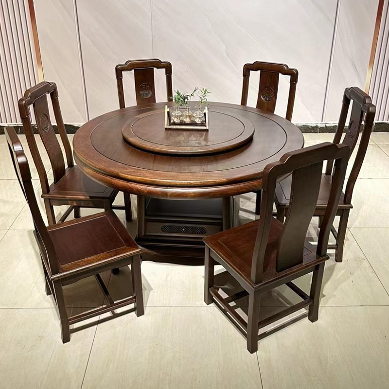 红木餐桌圆桌家用金花梨木新中式全实木菠萝格餐桌椅组合原木家具