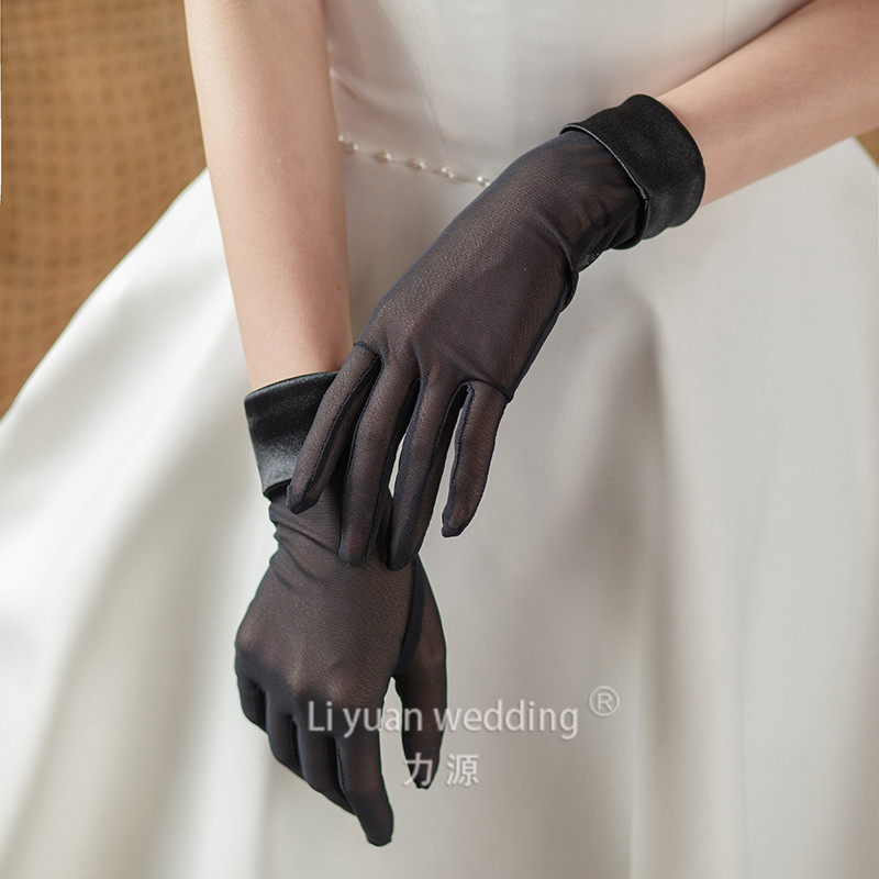 新款新娘婚纱礼服手套弹力缎简黑色弹拍照手套