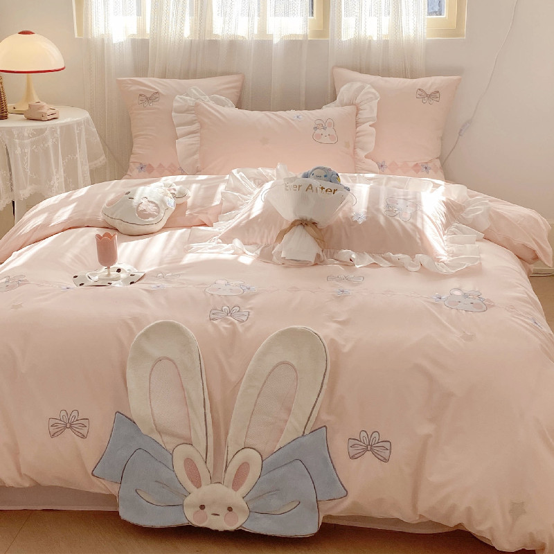 可爱少女纯棉水洗棉四件套全棉床单儿童床上用品小兔子公主风被套