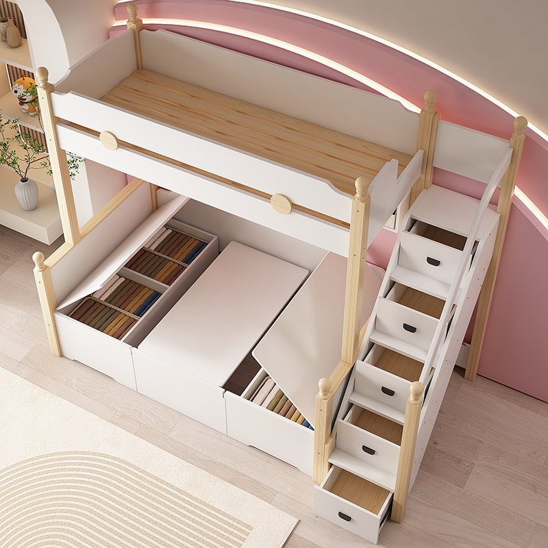 上下铺双层床全实木儿童床子母床书桌一体床高低床多功能上床下桌