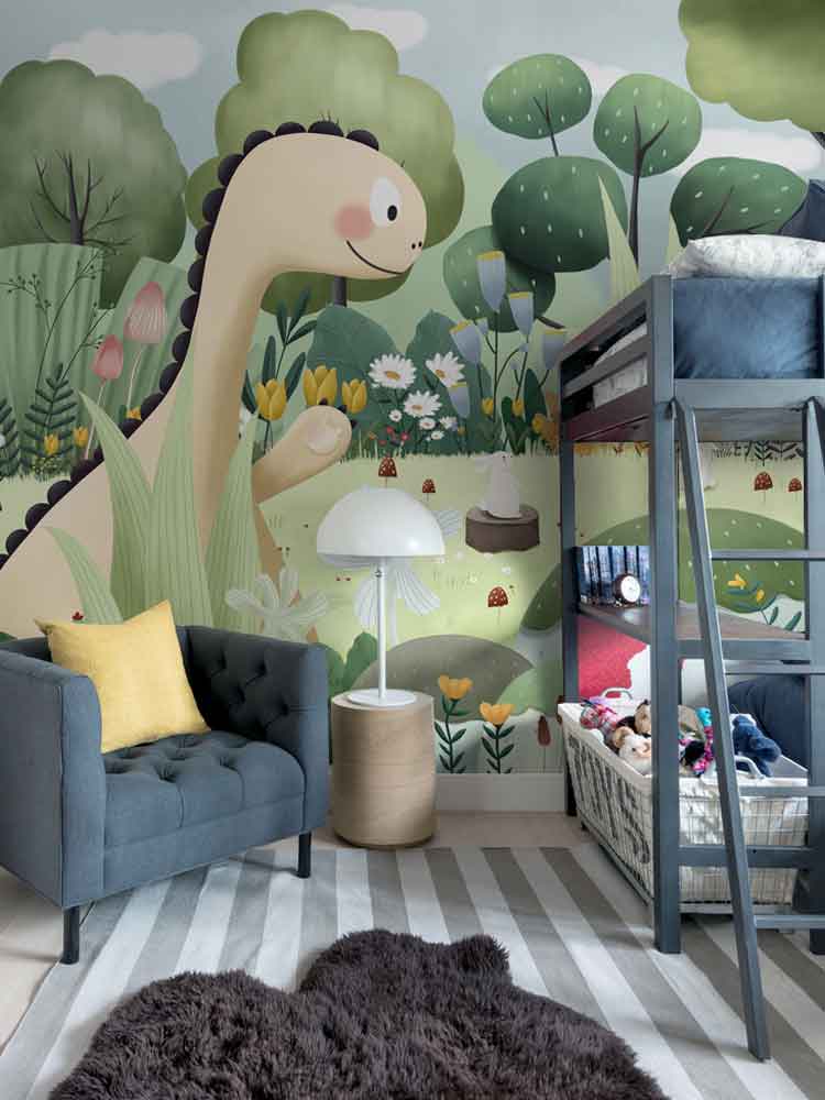 墙纸儿童房主题背景墙恐龙卡通墙布男孩墙面装饰绿色童话森林壁纸