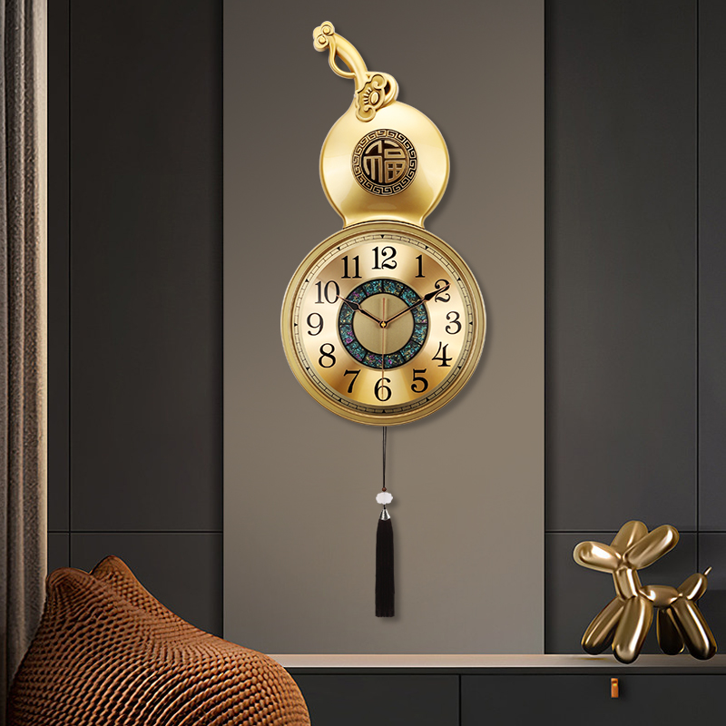 仿铜轻奢挂钟客厅葫芦福字静音新款挂表时尚中式挂墙大气装饰时钟
