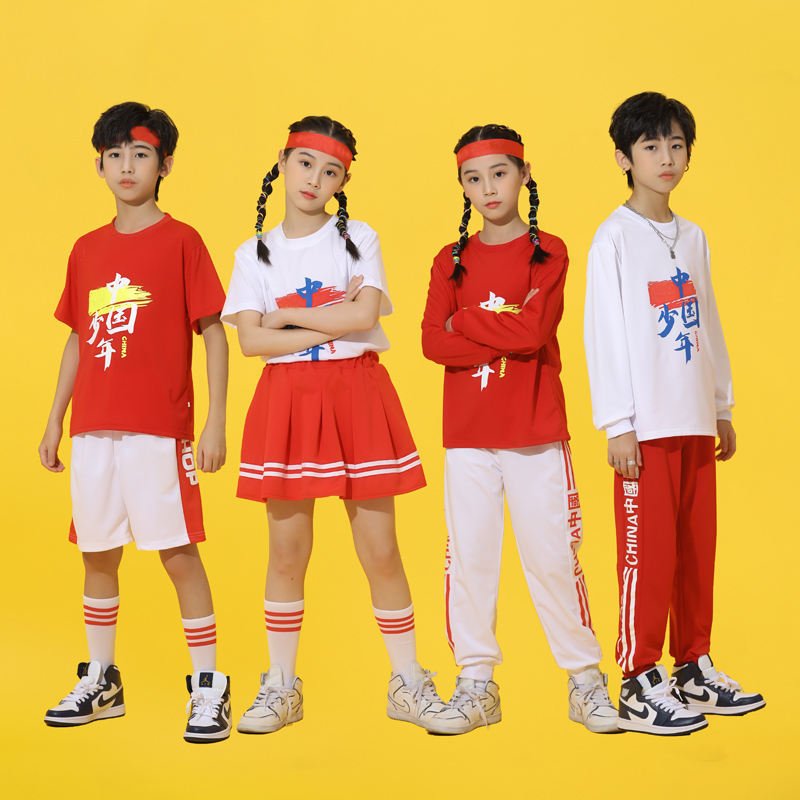 六一儿童爱国合唱啦啦操表演服小学生运动会纯棉圆领啦啦队演出服
