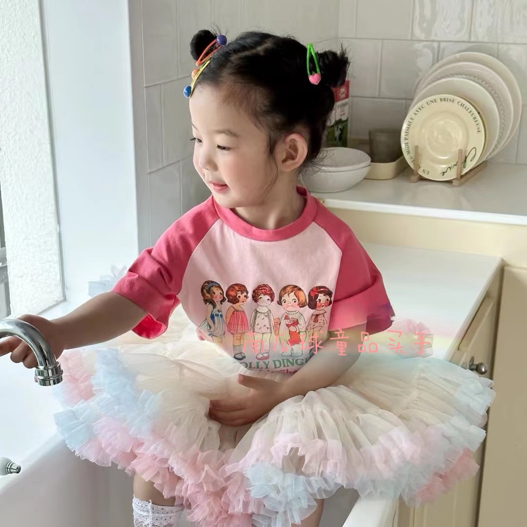ins韩国童装女童粉色甜美百搭上衣T恤衫夏装儿童小女孩拼色短袖