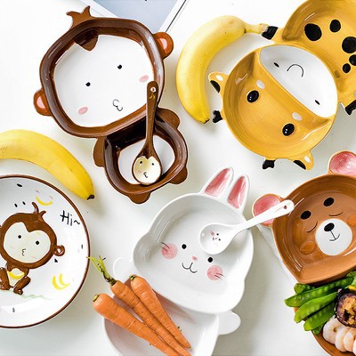 儿童卡通陶瓷餐具日式家用可爱动物早餐碟盘子分格盘宝宝创意礼物