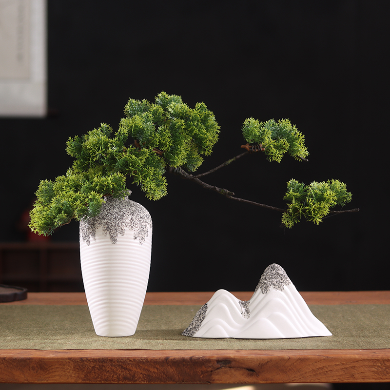 新中式创意陶瓷花瓶客厅玄关插花博古架摆设禅意迎客松茶桌摆件
