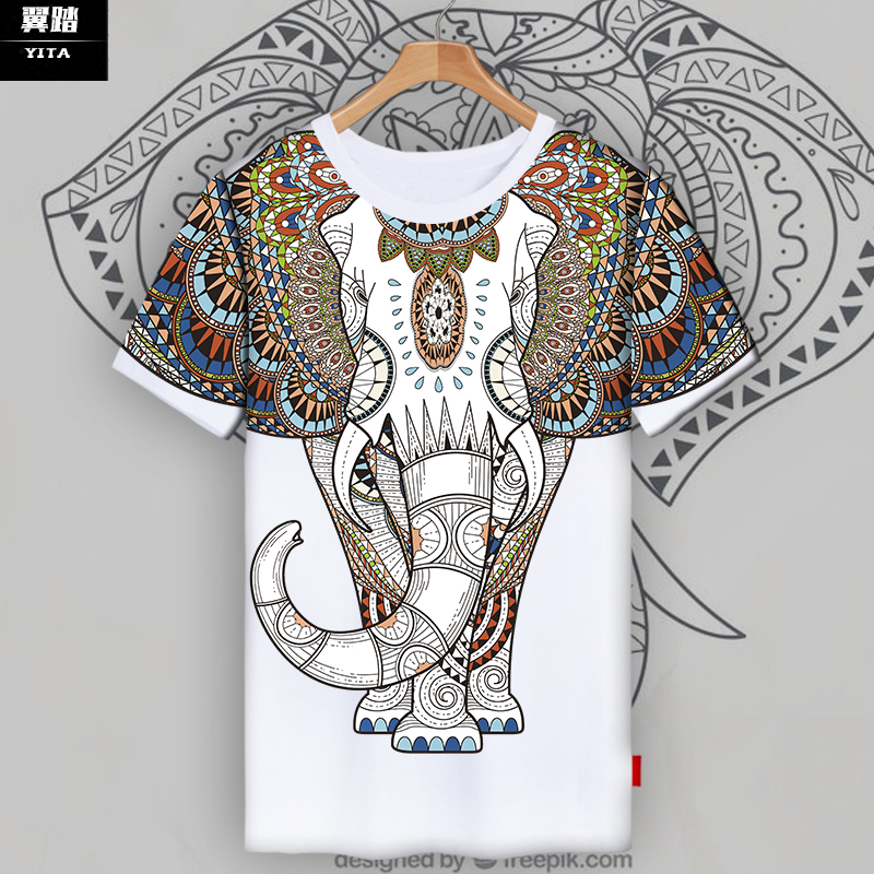 大象图腾泰国文化吉祥如意民族风冰丝短袖T恤衫男女薄款半袖衣服