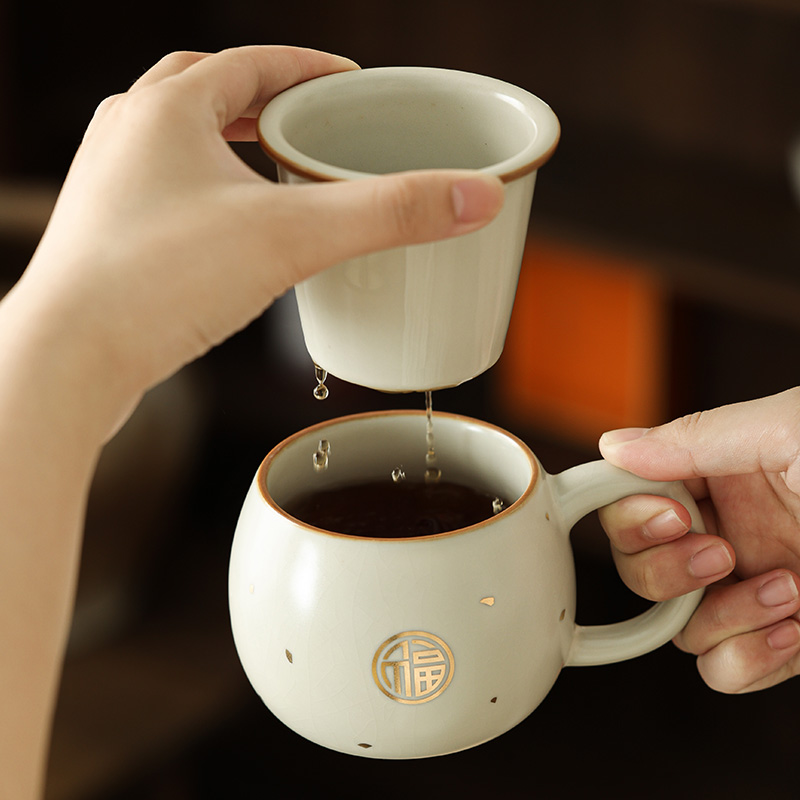 汝窑茶杯个人专用办公杯陶瓷茶水分离过滤泡茶水杯办公室汝瓷水杯