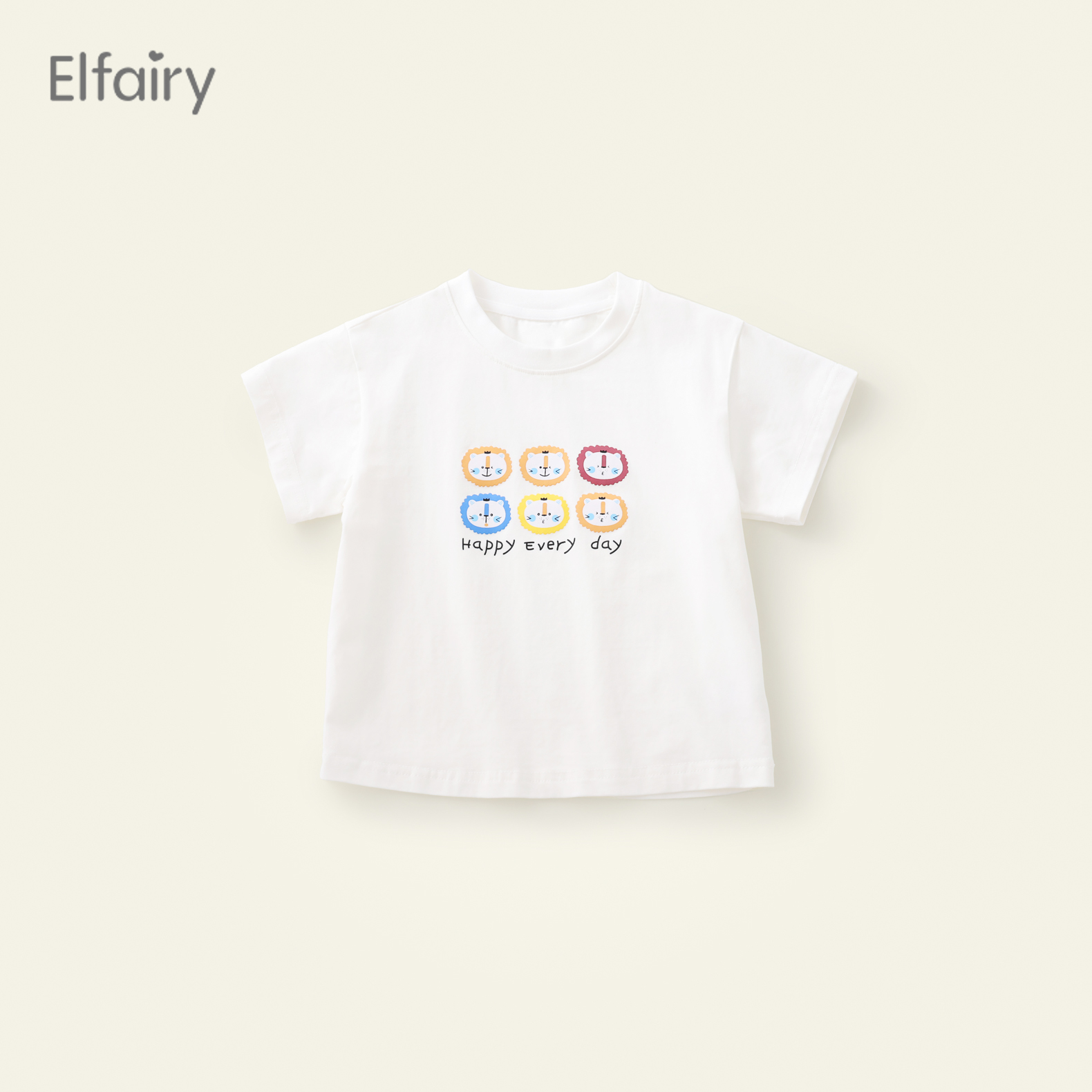 Elfairy儿童卡通短袖女童T恤纯棉白色休闲半袖上衣女婴儿衣服夏装