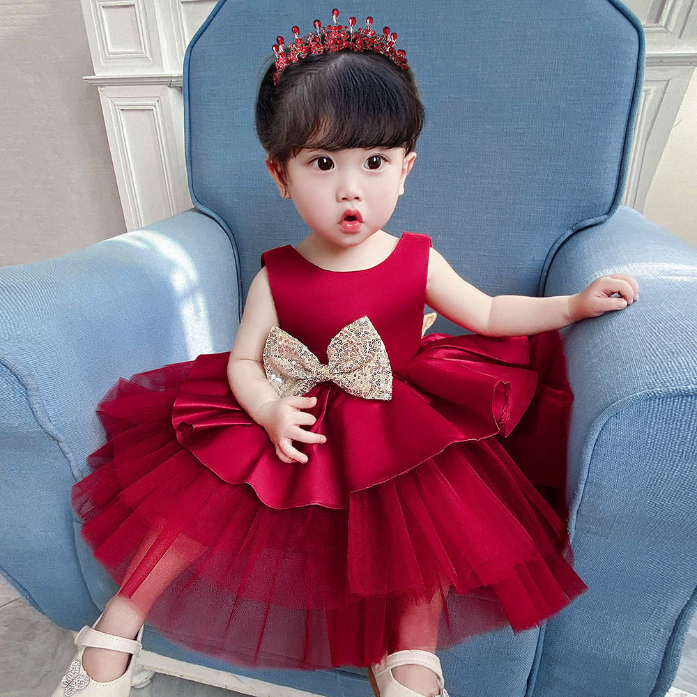女童洋气红色公主裙子宝宝蓬蓬纱蛋糕裙女孩儿童生日礼服连衣裙夏