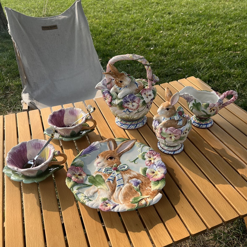 美国FF手绘田园风陶瓷兔子茶壶咖啡杯碟糖奶罐花园下午茶茶具礼物