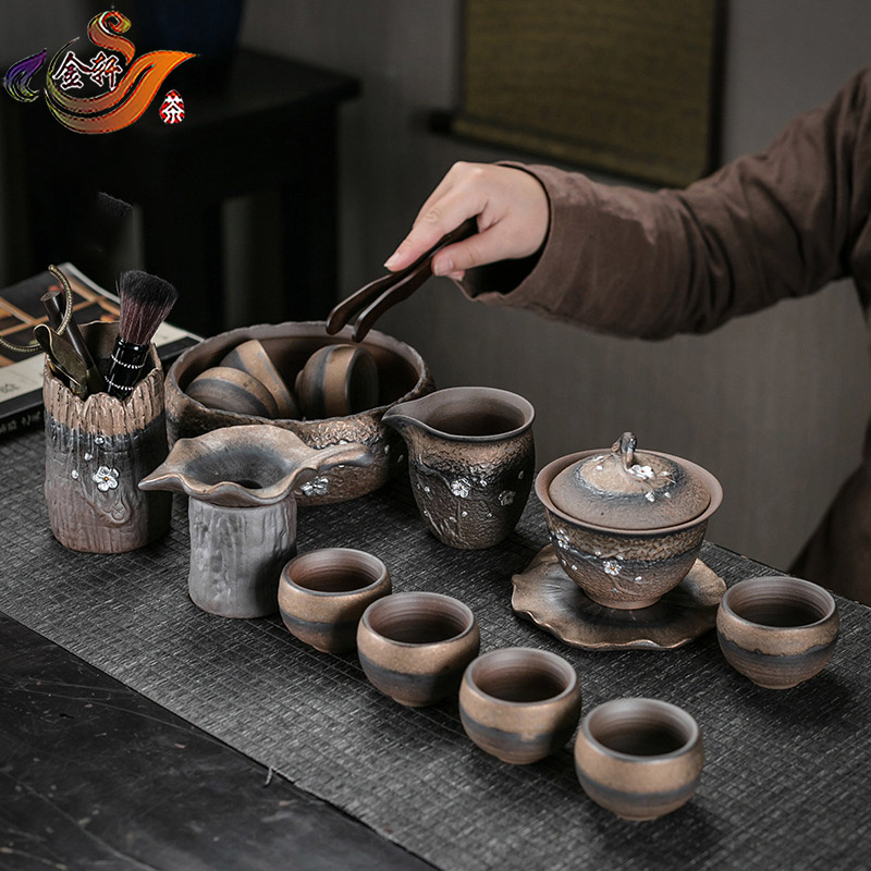 复古鎏金粗陶茶器套装整套功夫茶具陶瓷家用办公室简约盖碗茶壶杯