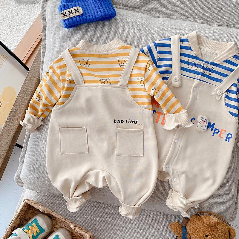 婴儿秋装连体衣 0-2岁韩国童装男女宝宝条纹哈衣新生儿假两件爬服