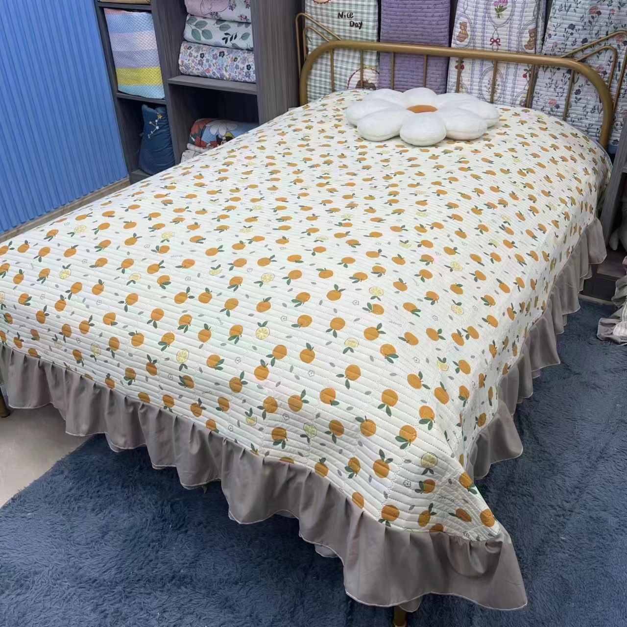 水洗棉麻花边床盖四季通用床单床罩大尺寸三件套含花边230*240