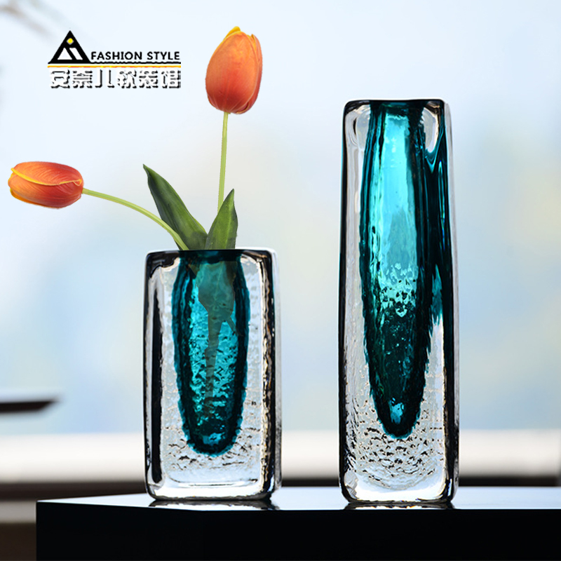 现代轻奢蓝色方柱形水晶玻璃花瓶家居客厅酒店样板房茶几软装摆件