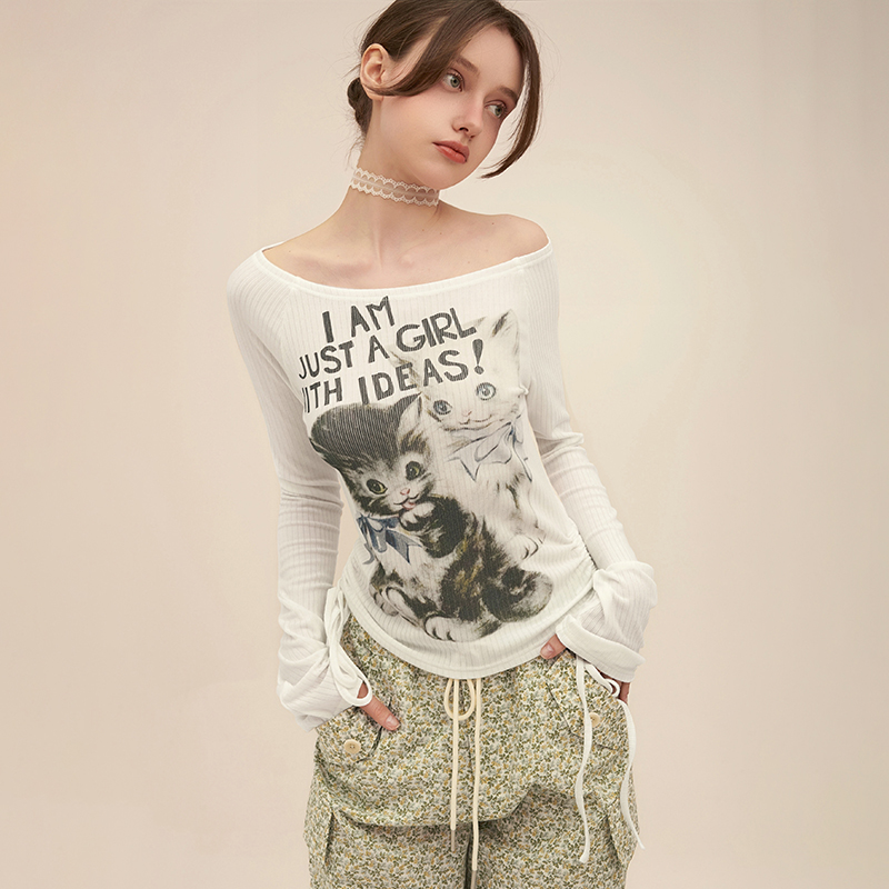 NNOVA美式复古小猫印花一字肩防晒罩衫女夏季潮牌辣妹T恤空调衫