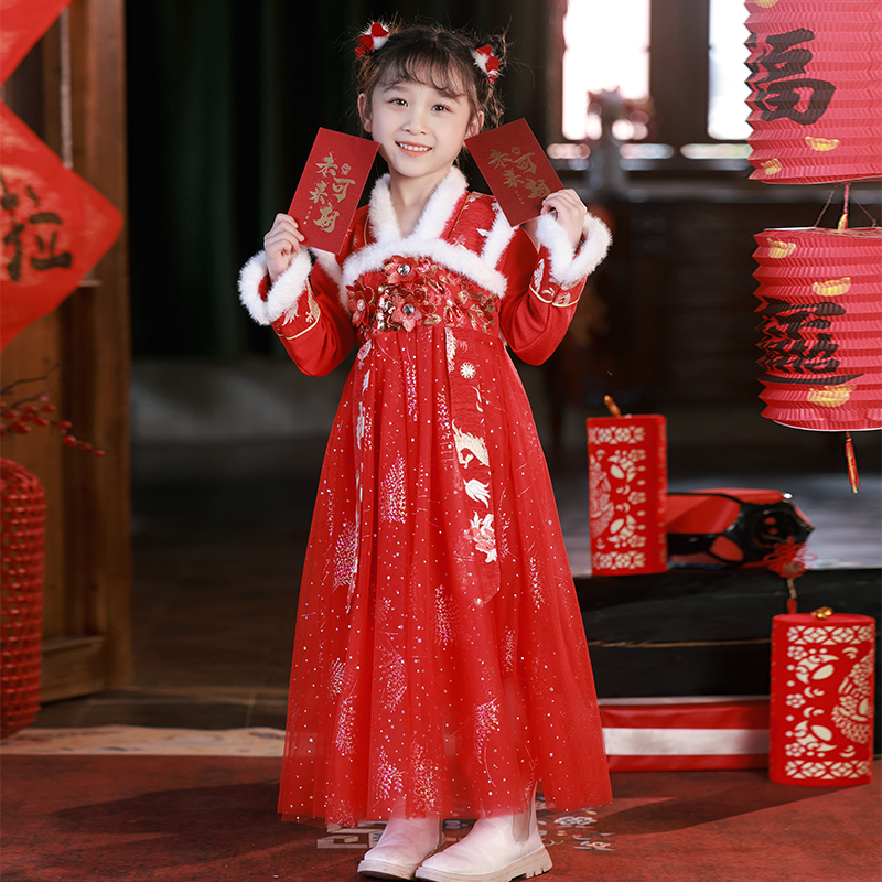 新款红色汉服女童国风旗袍冬季长袖加绒小女孩改良唐装中式儿童拜