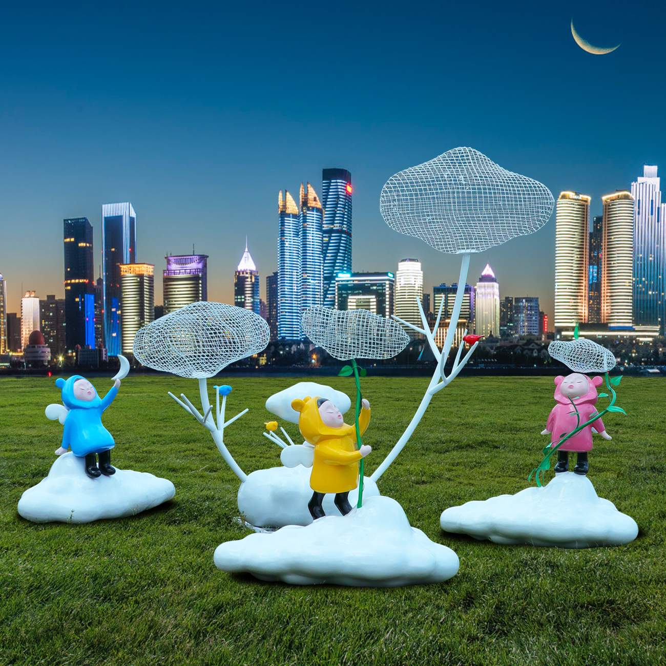 卡通天使童趣幼儿游乐园玻璃钢摆件户外不锈钢镂空云朵雕塑装饰品