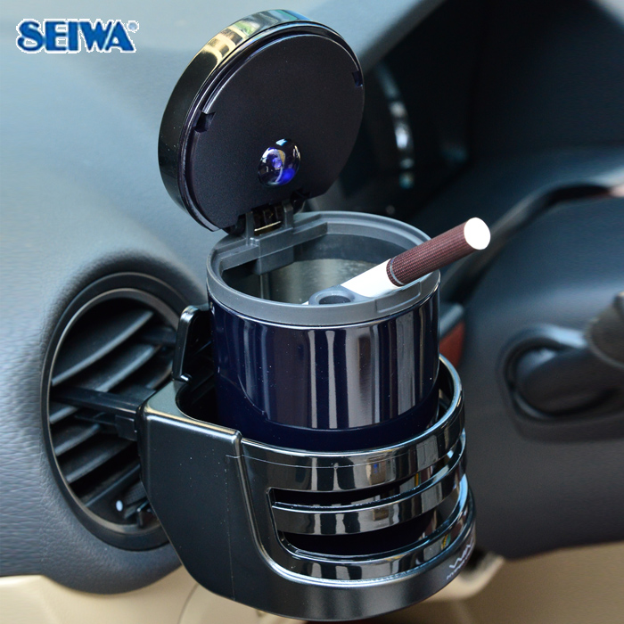 日本SEIWA汽车用品带夜光LED灯烟灰缸架 车载出风口悬挂式烟灰盒