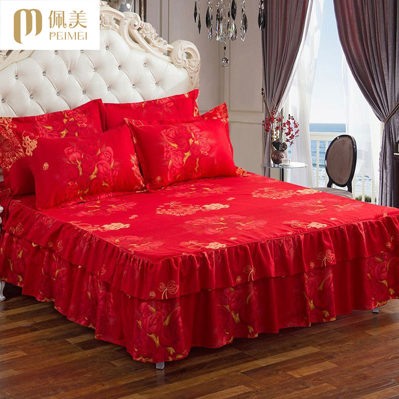 韩版结婚庆大红色单件床裙床笠床罩防滑床单1.5m1.8m2米三四件套