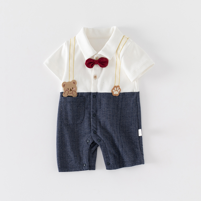 婴儿夏装男宝宝连体衣短袖礼服薄款洋气哈衣服绅士0一6月周岁爬服