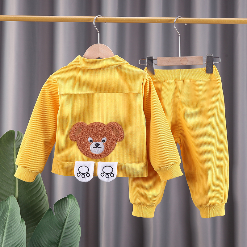 婴儿衣服春装韩版灯芯绒可爱小熊外套三件套6七8九个月男宝宝套装
