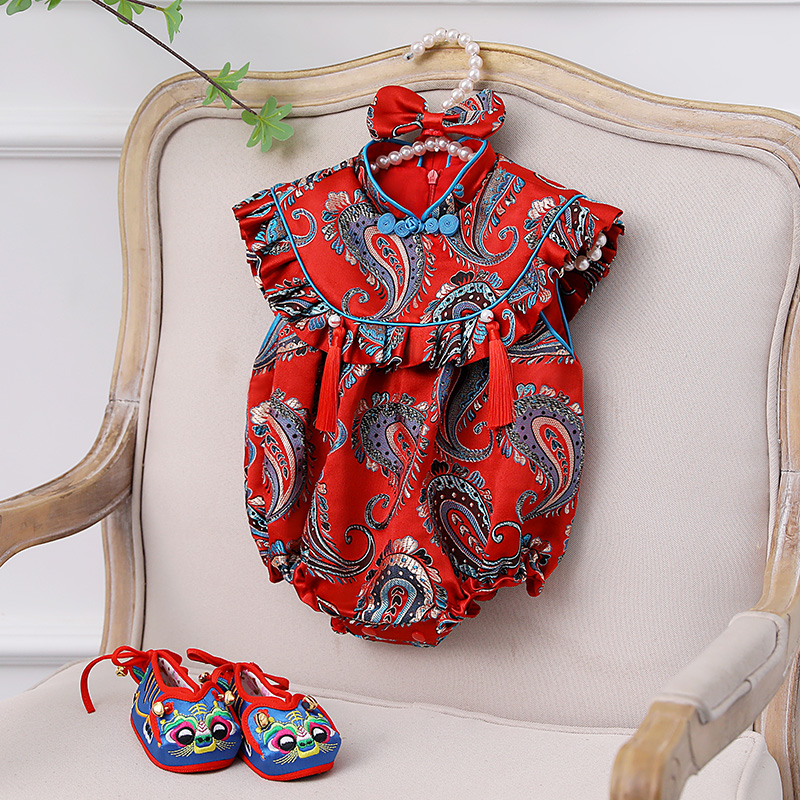 新款女童一周岁礼服女宝宝中式儿童抓周宴婴儿旗袍唐装红色包屁衣