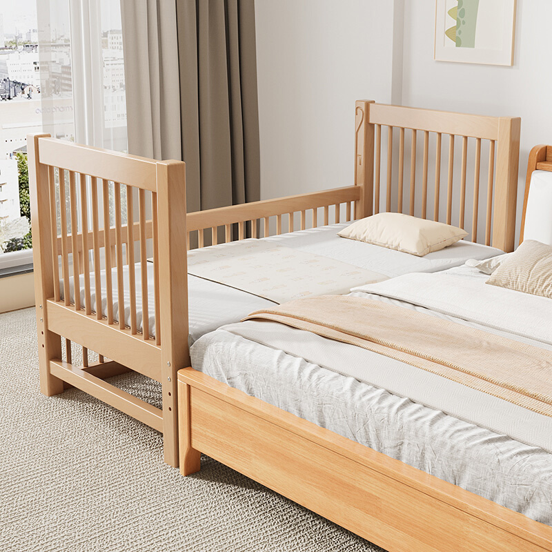 榉木儿童床拼接大床可调节高度婴儿床加宽床边床宝宝男孩实木小床