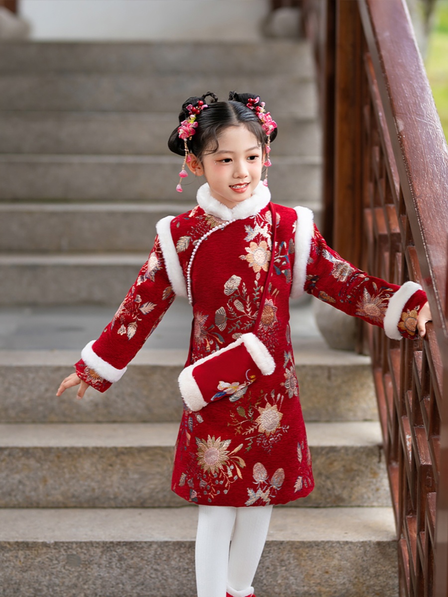 过庆年加绒演出汉服女童唐装喜袍新款拜年冬装裙子儿童服国风