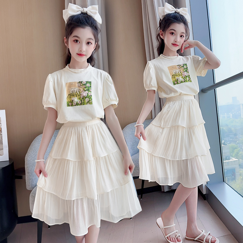 女童连衣裙夏装洋气儿童裙子夏季公主裙蛋糕裙大童短袖套裙两件套