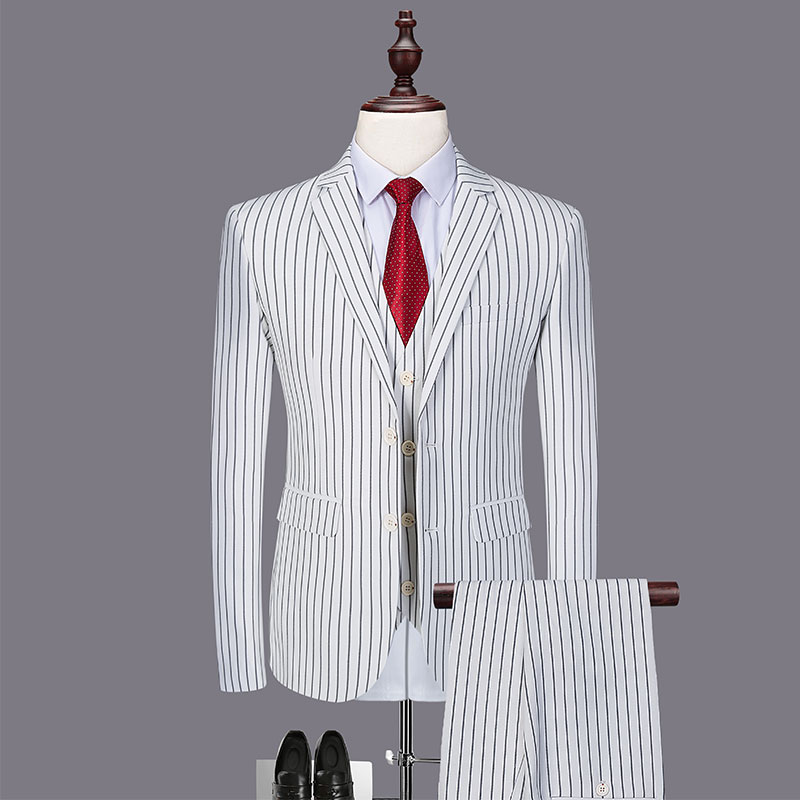 新款韩版修身白色条纹西服三件套潮男花式西装主持人演出礼服新郎