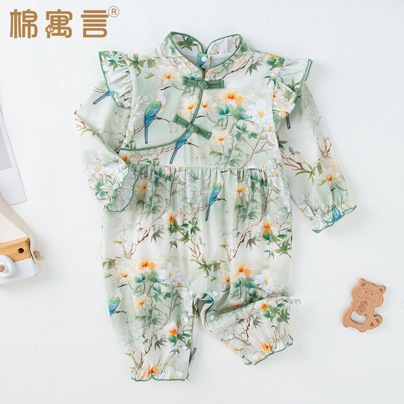 婴儿连体衣纯棉春装洋气宝宝礼服夏季薄款哈衣女童新中式国风衣服