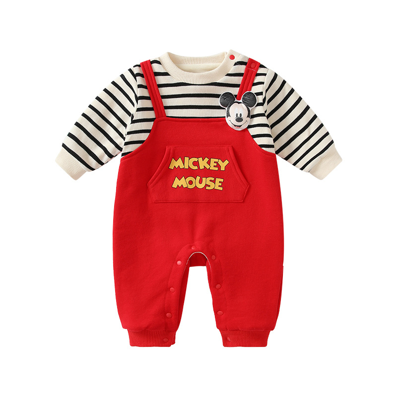 迪士尼官方授权婴儿连体衣冬季男宝宝米奇背带假两件外出保暖衣服