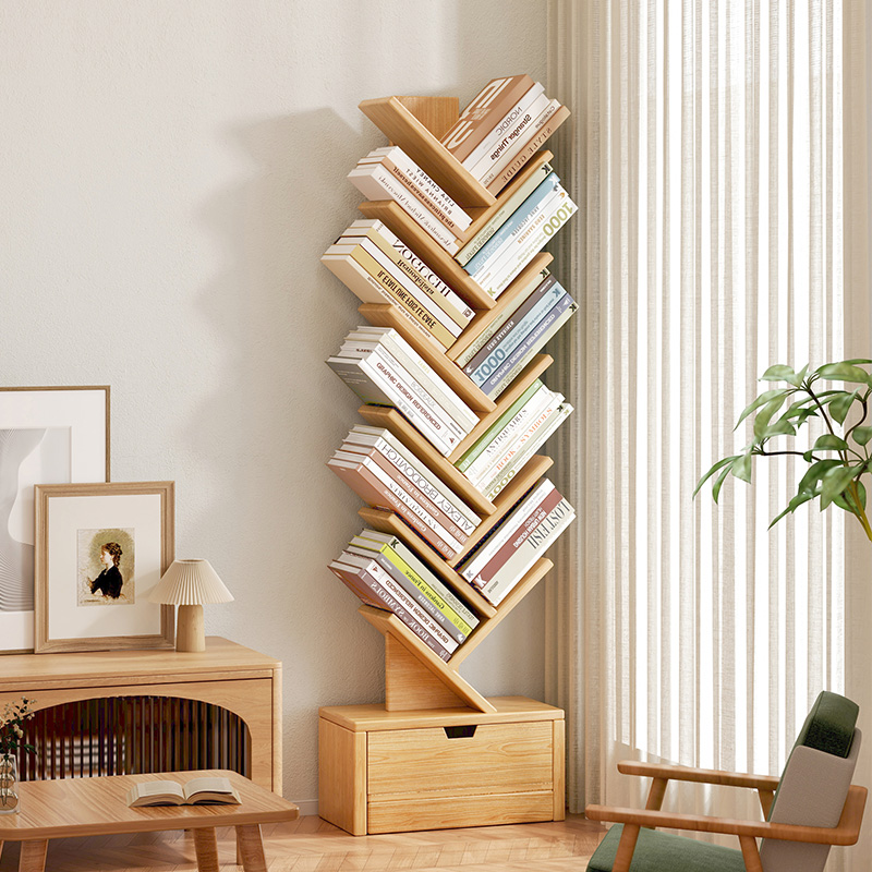 推荐实木儿童书架置物架落地一体靠墙树形简易小型客厅书柜子收纳